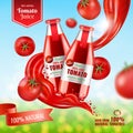 3d tomato juice, glass bottle. Pouring fruit packaging in liquid splash in motion, red label advertising, fresh drink Royalty Free Stock Photo