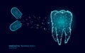 3d tooth innovation dentistry polygonal concept. Medication drug pill symbol low poly. Enamel restoration abstract oral