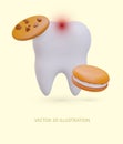 3D tooth, sweet cookie. Violation of oral hygiene. Tooth enamel damage, pain