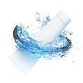 3d toothpaste tube with water splash, clear blue water scattered around for product for dental care, skin care, cosmetic,