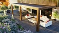3d top view render of luxury private patio with teak wood pergola Royalty Free Stock Photo