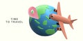 3d tourism and travel concept,eath and location pin with airplane flying. Vector illustration