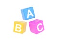 3d toy abc cubes for kids, alphabet block for play. Child colorful box render illustration, preschool education squares Royalty Free Stock Photo