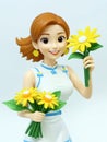 A 3D Toy Of A Happy Cartoon Woman Holding Flower Bouquet On A Bright White Background. Generative AI