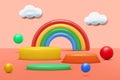 3D toy podiums. Cute rainbow. Cylinder pedestal. Orange background. Children product stand. Pastel room with exhibition
