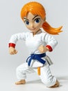 A 3D Toy Of A Sporty Woman Karate Pose On A Bright White Background. Generative AI