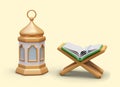 3D traditional Arabic lantern, open Quran on wooden book stand