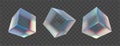 3d transparent flying cube box with crystal prism dispersion. Abstract futuristic translucent object with light spectrum