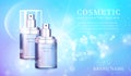 3D transparent glass cosmetic spray bottle with shiny glimmering background template banner