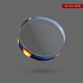 3d transparent glossy round disc with dispersion effect. Rainbow colors reflection glass.