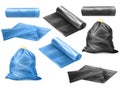3d trash bags. Realistic polyethylene packaging for supplies kitchen trash or dustbin, mockup black plastic sack rouleau Royalty Free Stock Photo