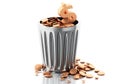 3d Trash bin with gold coins. Royalty Free Stock Photo