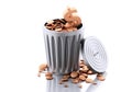 3d Trash bin with gold coins. Royalty Free Stock Photo