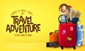 3D Travel Adventure Realistic Banner in Yellow Background Front View with Luggage Bags