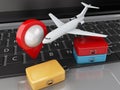 3d Travel suitcase and airplane on computer keyboard. Royalty Free Stock Photo