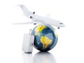 3d travel suitcase, airplane and world globe. travel concept Royalty Free Stock Photo