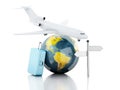 3d travel suitcase, airplane and world globe. travel concept Royalty Free Stock Photo