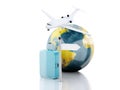 3d travel suitcase, airplane and world globe. travel concept Royalty Free Stock Photo