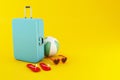3d Travel suitcase, Beach ball, flip flops and sunglasses Royalty Free Stock Photo