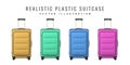 3D travel trolley bag front wiev. Realistic plastic suitcase. Tourism symbol isolated on white background. Vector illustration Royalty Free Stock Photo