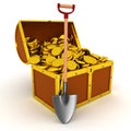 3D Treasure chest filled with gold next to shovel