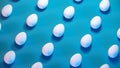 3d trendy easter blue pastel background pattern. Minimal fashion banner with white eggs, creative concept.