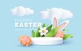 3D trendy Easter greeting with 3d product podium, spring flower, cloud, Easter egg and bunny. Spring floral Modern 3d