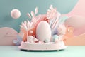 3D trendy Easter greeting with 3d product podium, spring flower, cloud. Generative AI