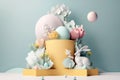 3D trendy Easter greeting with 3d product podium, spring flower, cloud. Generative AI