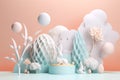 3D trendy Easter greeting with 3d product podium, spring flower, cloud. Generative AI