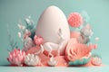 3D trendy Easter greeting with 3d product podium, spring flower, cloud. Generative AI