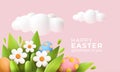 3D trendy Realistic Easter greeting card, banner with flowers, Easter eggs and clouds. Spring floral Modern 3d Easter