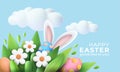 3D trendy Realistic Easter greeting card, banner with flowers, Easter eggs and clouds. Spring floral Modern 3d Easter