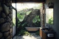 3d Tropical bathroom with stone walls and contemporary minimal design with jungle view. Generative Ai Royalty Free Stock Photo