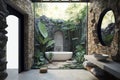 3d Tropical bathroom with stone walls and contemporary minimal design with jungle view. Generative Ai Royalty Free Stock Photo