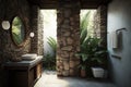 3d Tropical bathroom with stone walls and contemporary minimal design with jungle view. Generative Ai Royalty Free Stock Photo