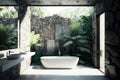 3d Tropical bathroom with stone walls and contemporary minimal design with jungle view. Generative Ai Royalty Free Stock Photo