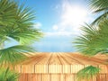 3D tropical landscape with wooden table and palm trees looking out to the ocean Royalty Free Stock Photo