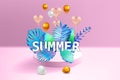 3D Tropical leaves scene podium with text Summer, balloons gold and white, botanical background. Render vector foliag,e