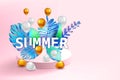 3D Tropical leaves scene podium with text Summer, balloons gold and white, botanical background. Render vector foliag,e