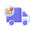 3D Truck with delivery box and minus sign. Remove concept. Express delivery, shipping, truck icon, quick move