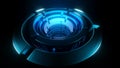 3D tunnel of rotating futuristic rings. Design. Futuristic 3d rings with neon light rotate on black surface. Tunnel of