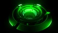 3D tunnel of rotating futuristic rings. Design. Futuristic 3d rings with neon light rotate on black surface. Tunnel of