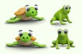 3D turtle and frog in different positions. Front and side view. Green cute amphibians Royalty Free Stock Photo