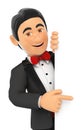 3D Tuxedo man pointing aside. Blank space