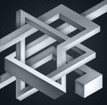 3D Twisted Composition of abstract forms. Shapes puzzle. Vector unreal construction on dark background Royalty Free Stock Photo