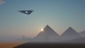 3d UFO hanging in the sky over the ancient pyramid