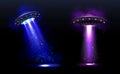 3d UFO, vector alien space ships with light beams