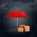 3d umbrella and gold coins, financial savings concept