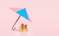 3d umbrella protecting model family with wooden doll figures isolated on pink background. happy family, protection, accident